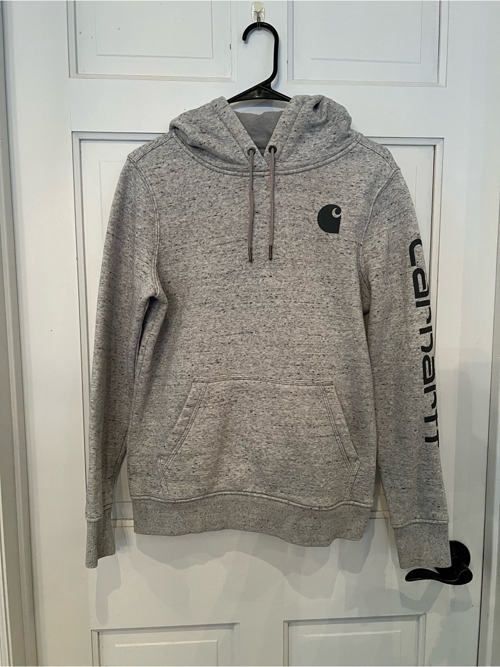 Carhartt Women’s Clarksburg Graphic Sleeve Hoodie in a heather gray color